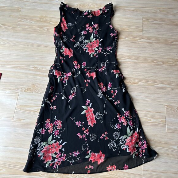 Vtg  Sheri Martin New York A-Line Midi black and pink florals dress women's S 8 - Picture 3 of 12